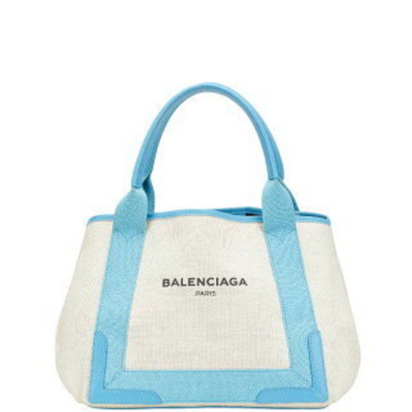 BALENCIAGA Navy Blue Cabas Handbag Tote Bag Ivory White - Picture 1 of 8